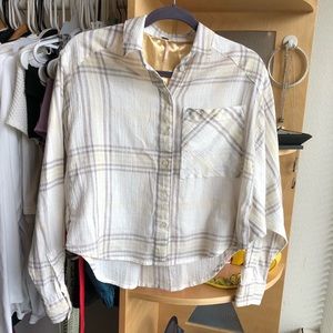 FREE PEOPLE Cropped Winged Arm Beige Yellow Lightweight Flowy Plaid Flannel